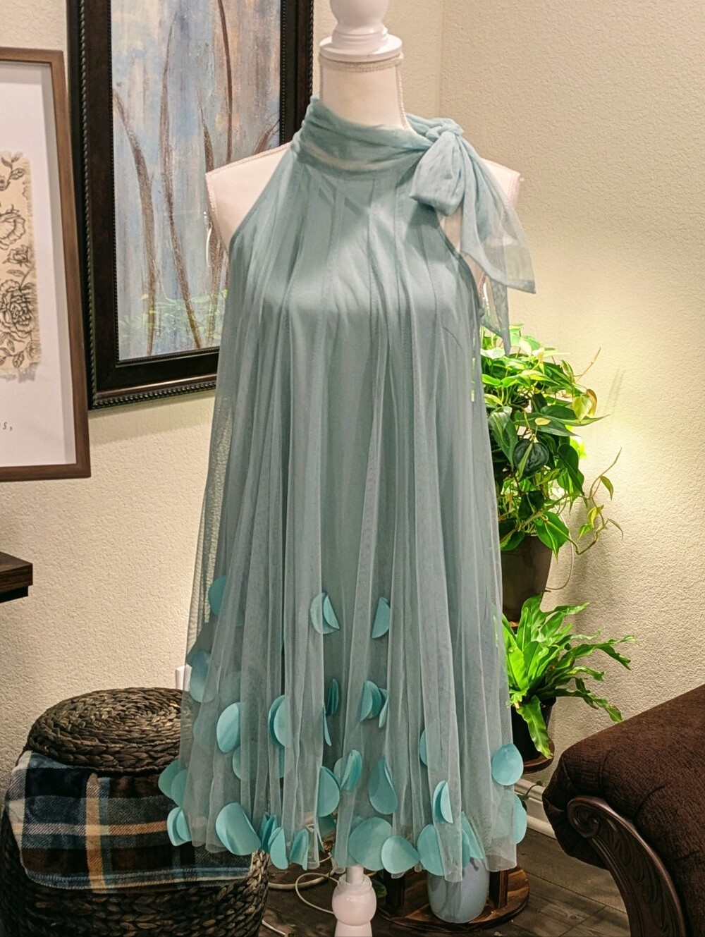 Elegant Seafoam Green Halter Top/Dress with Petal Detail